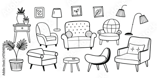 Hand-drawn sketch of cozy furniture and houseplants for modern interior design inspiration