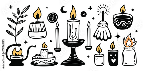 Collection of hand-drawn candles and festival elements for festive occasions and decorations