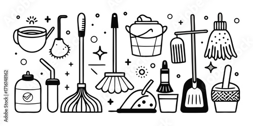 Doodle art collection of cleaning supplies and tools for a sparkling home