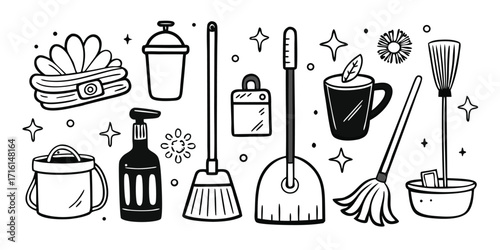 Sparkling clean home supplies and tools collection drawing with stars and sparkles