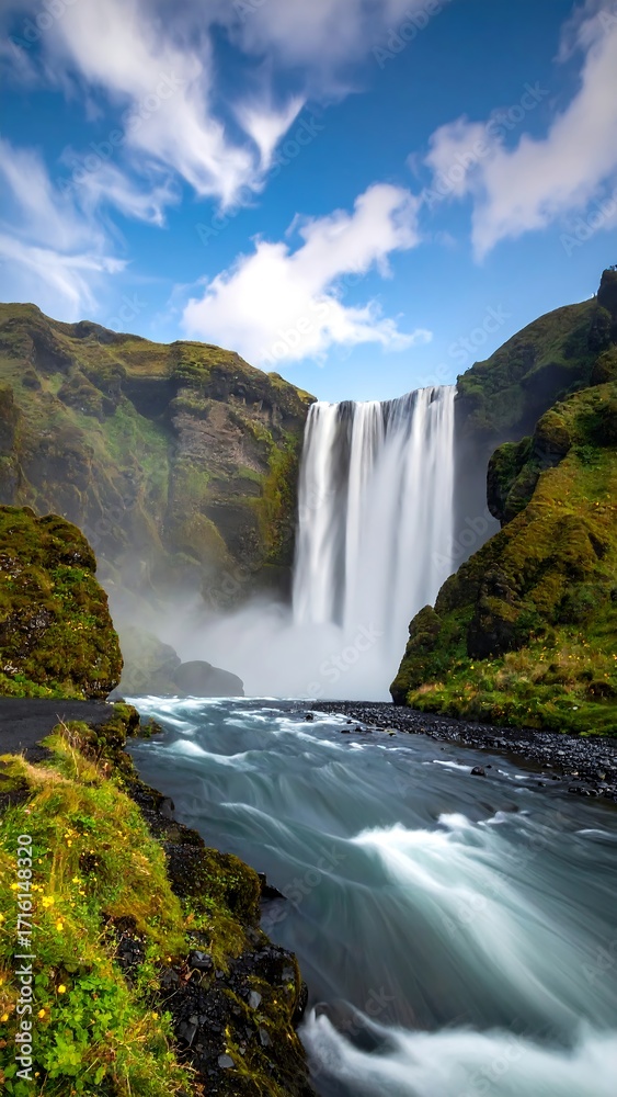 Fototapeta premium Waterfall cascading down rugged mountains