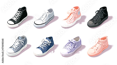 Cartoon vector set of shoes 3D isometric icon of black canvas sneakers, soft pastel clay style, cute and minimal design, UI icon style, soft shading, no shadow, clean white background, isolated object