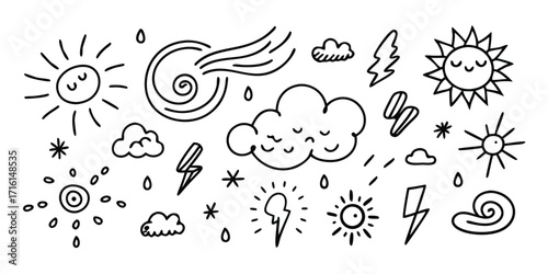 Cute hand-drawn weather icons featuring sunny skies storms and wind elements