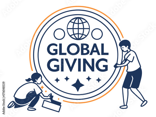 Global Giving Illustration with Children and Globe Symbol in a Circle