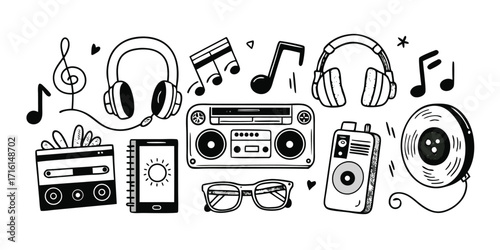 Doodle art style music icons headphones boombox cassette tape smartphone glasses notes