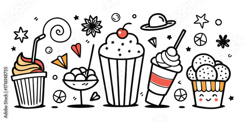 Fun doodle art collection of desserts cupcakes ice cream and sweets for celebrations