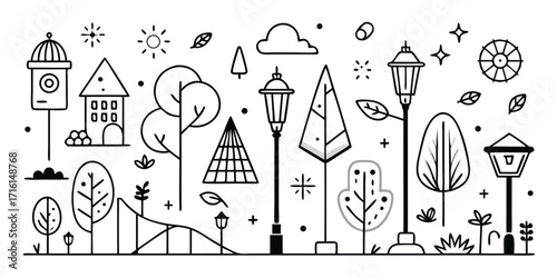 Charming sketchy elements of a park and streetscape scene with lights and trees