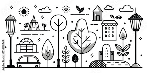 Whimsical city park scene with trees buildings and streetlights simple line art