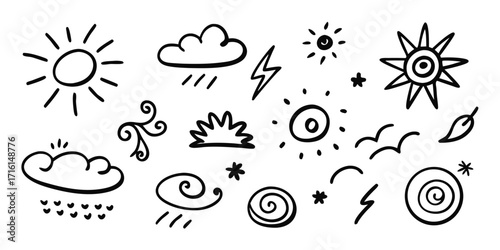 Whimsical hand drawn festival elements featuring sun clouds lightning and nature motifs