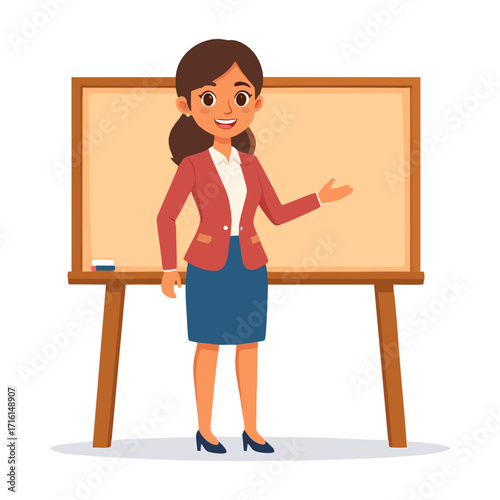 Illustration of a teacher standing in front of a whiteboard.
