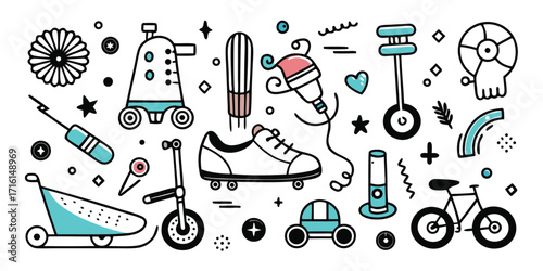 Fun hand-drawn festival elements collection featuring vehicles toys and accessories