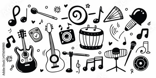 Whimsical musical instrument doodle collection for festival and party decorations