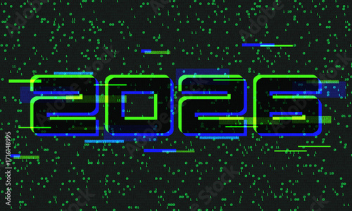 2026 New year Goals and plans. Numbers 2026 made with binary code. New 2026 financial year. Business plan and strategies. New 2026 fiscal year. Digital cyberpunk glitch style, AI technology concept