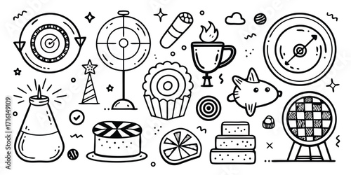 Collection of hand-drawn festival elements and party icons for celebrations and events