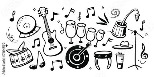 Doodle elements of music festival celebration with instruments and notes