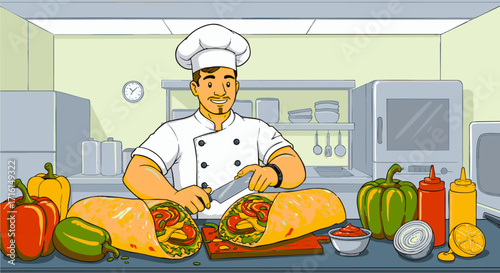 Chef Preparing a Delicious Burrito in a Restaurant Kitchen
