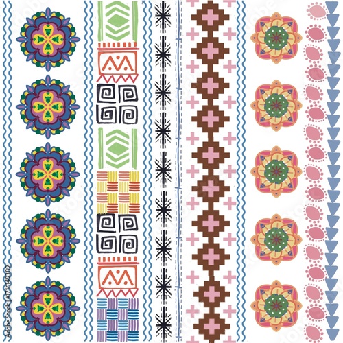 Seamless geometric pattern with colorful mandala, ethnic ornament, abstract shapes and decorative lines for textile or wallpaper
