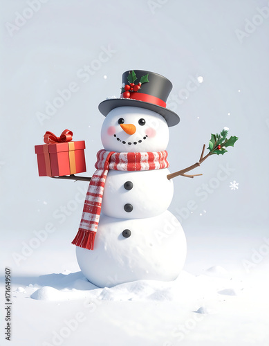 Cute 3D of Cute snowman holding a gifts