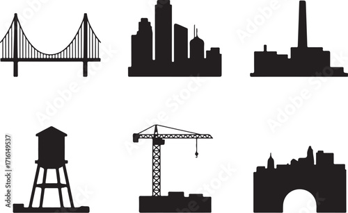 Urban silhouettes bridge cityscape water tower crane industrial