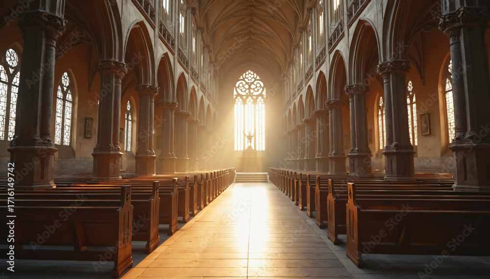 Obraz premium Church Interior with Pews and Rose Window