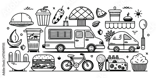 Whimsical festival and food elements line art doodle collection celebrating outdoor events