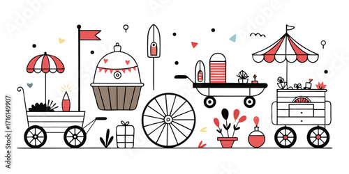 Whimsical festival elements collection with cupcake cart and food stalls