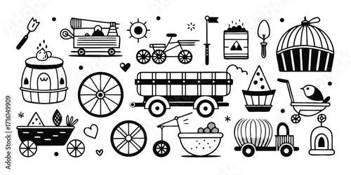Collection of rustic festival icons and elements featuring farm and transportation themed objects