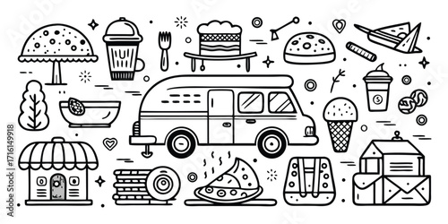 Fun food festival scene with van food truck and sweets hand drawn style