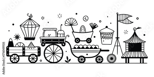 Whimsical festival scene with carnival rides and stalls line drawing artwork