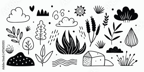 Whimsical hand drawn nature elements collection clouds trees fire plants and house icons
