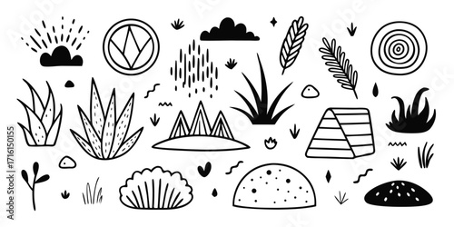 Desert landscape elements hand drawn plants cactus sun clouds mountains and geometric shapes