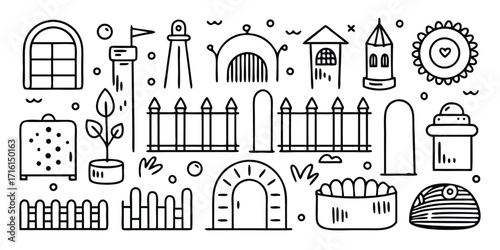 Whimsical festival elements and garden decorations hand-drawn line art collection