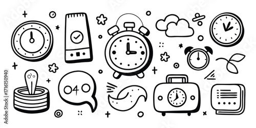 Doodle collection of time related objects and symbols hand drawn style