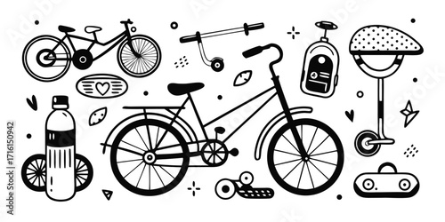 Whimsical hand-drawn collection of bicycles scooters helmets and outdoor gear elements