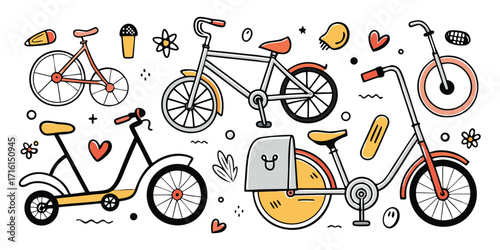 Charming hand-drawn collection of diverse bicycles and festive elements fun