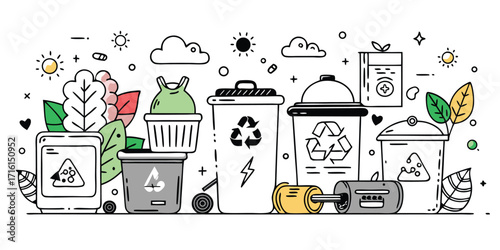 Eco friendly recycling bins and nature elements doodle art collection