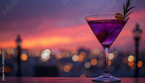Martini glass with garnish and blurred city sunset