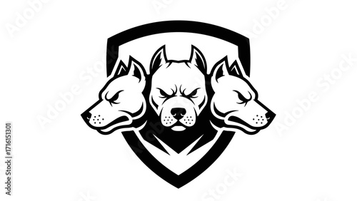 Aggressive Cerberus Three-Headed Guard Dog Vector Mascot Logo Emblem Illustration on Shield