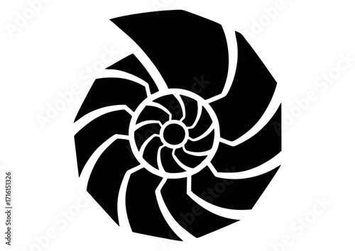 Black nautilus shell silhouette icon symbolizing nature and geometric beauty on a plain background
