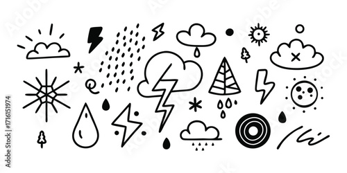 Doodle art collection of weather icons including clouds rain lightning snow sun
