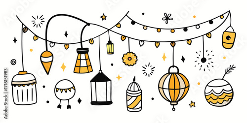 Hand drawn string lights and festive lanterns garland for celebrations and decorations