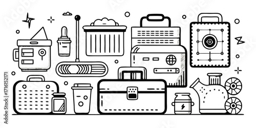 Collection of diverse tools and appliances icon set artistic rendering