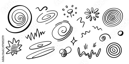 Hand drawn doodle elements collection abstract spirals stars swirls wavy lines festival festive art