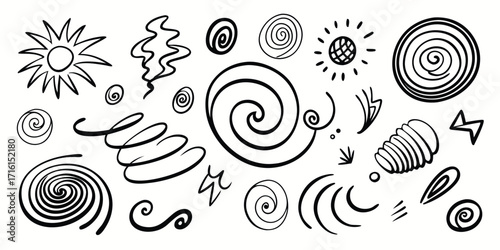 Collection of hand-drawn swirls spirals sunbursts and abstract shapes for creative projects