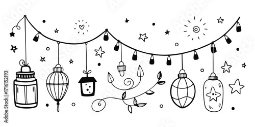 Hand-drawn festive string lights and lanterns with starry accents celebration decor