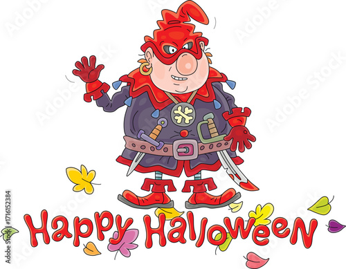 Happy Halloween card with an angry cruel ogre with a sabre and knife waving in greeting, vector cartoon illustration on white