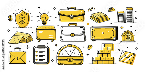 Golden finance and banking icons collection representing wealth growth and security