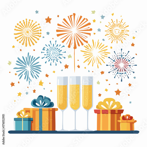 Celebration of a new year with champagne and gifts vector illustration