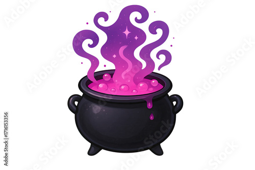 Magical witch cauldron with bubbling pink potion and glowing purple smoke fantasy spooky illustration isolated on white background