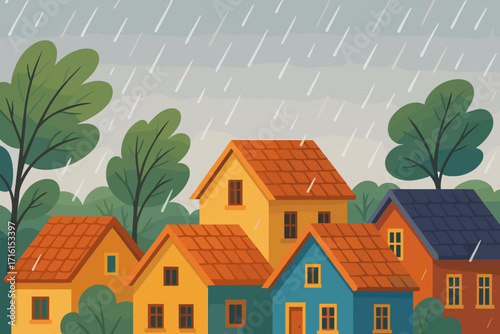 Colorful houses under rainfall among green trees, cheerful illustration, cozy atmosphere, nature concept